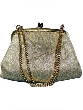 60s Lam’e Gold Fabric Clutch with Gold Chain Strap kiss lock 8 1/2” X 6 1/2”